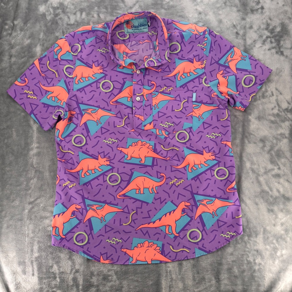Chubbies Mens Medium Purple 90s Retro Dinosaur Geometric Print Polo Shirt